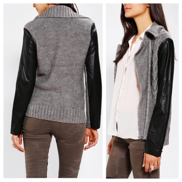 Sparkle & Fade Anthropologie Moto Style Gray Black Zip Front Sweater Large L - Picture 3 of 10